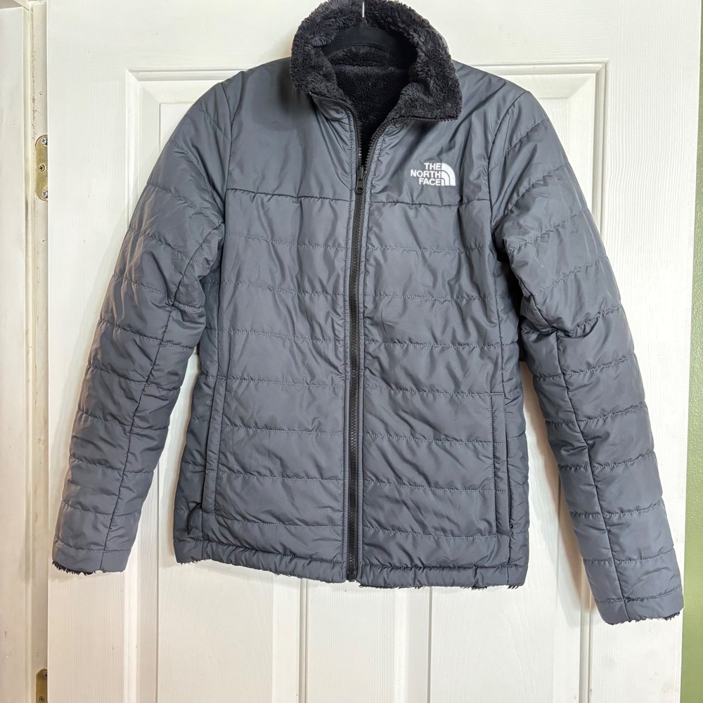 The North Face Gray Black Reversible Mossbud Fleece Puffer Jacket Women's XS